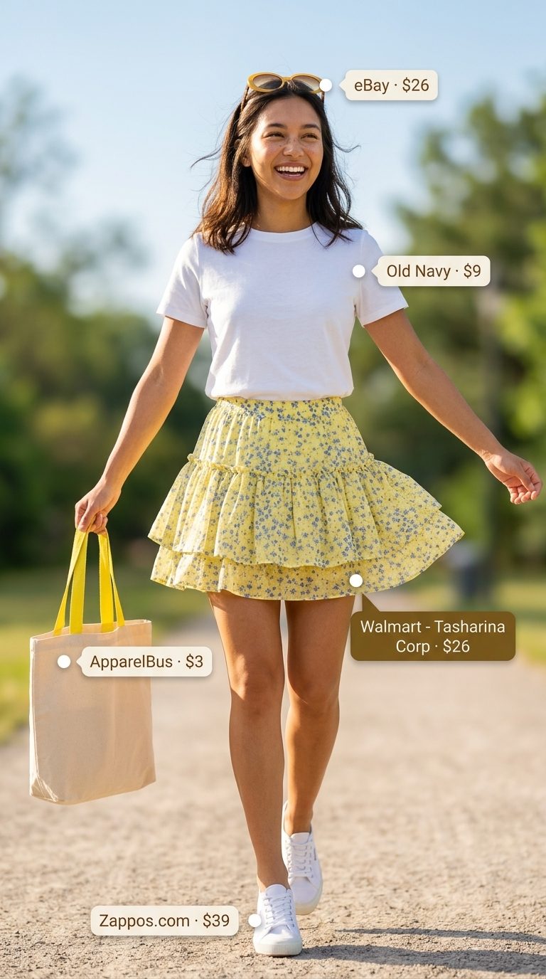 Playful floral summer skirt outfits for women 2026: sky blue mini skirt, yellow floral print, and white t-shirt for park days.