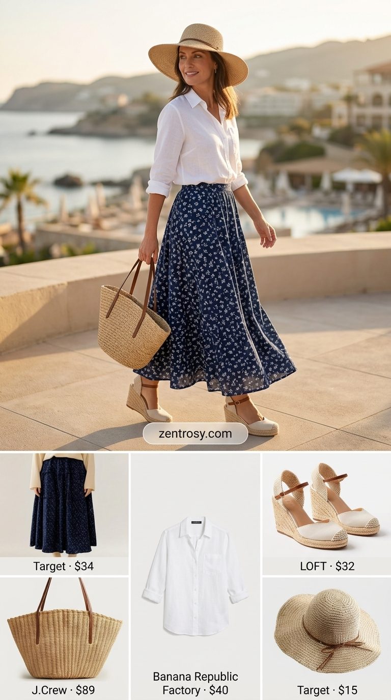Elegant navy floral maxi skirt outfit for women 2026, ideal for resort dinners and vacation evenings.