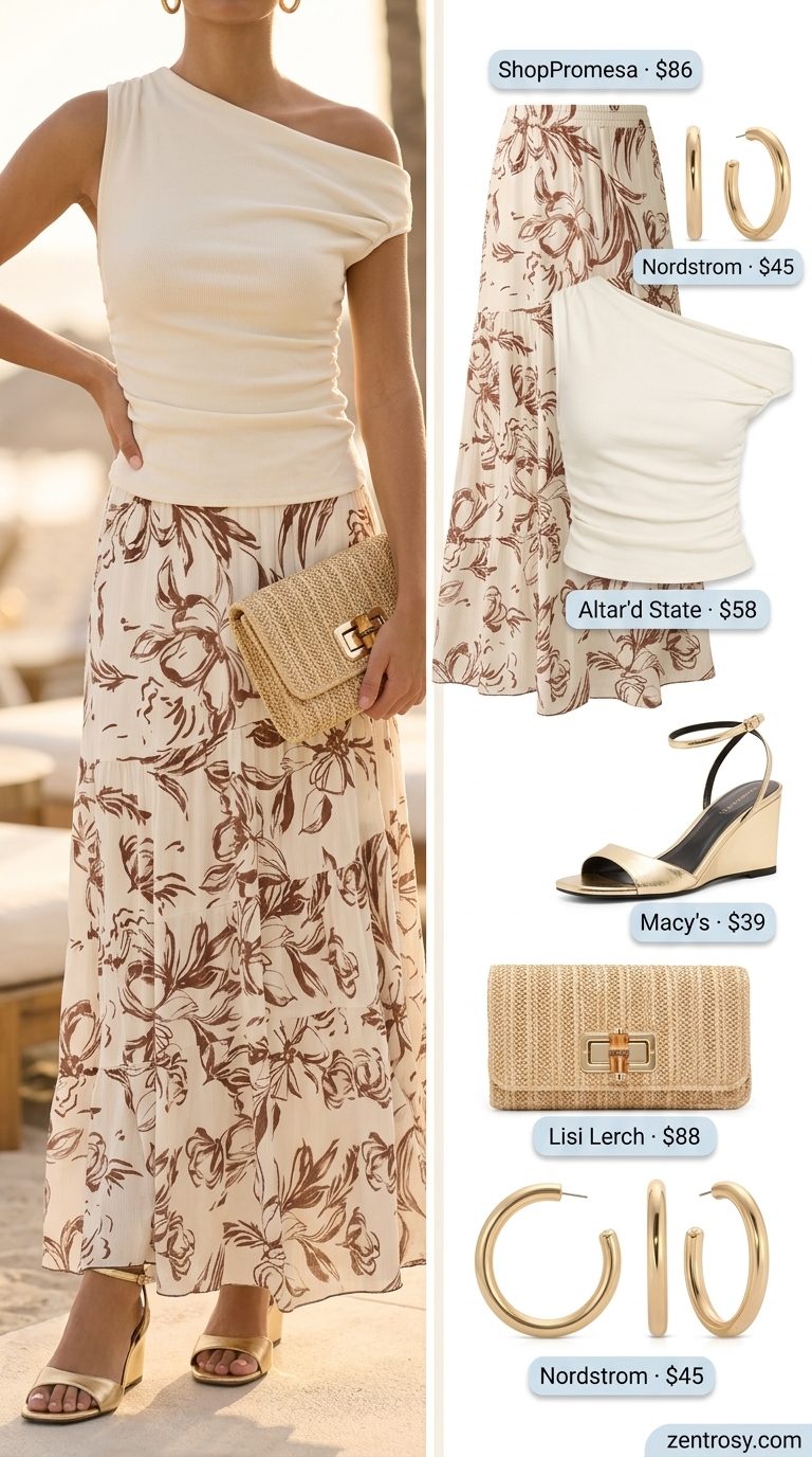 Glamorous floral summer skirt outfits for women 2026: coral maxi skirt, white top, and gold wedges for resort wear.