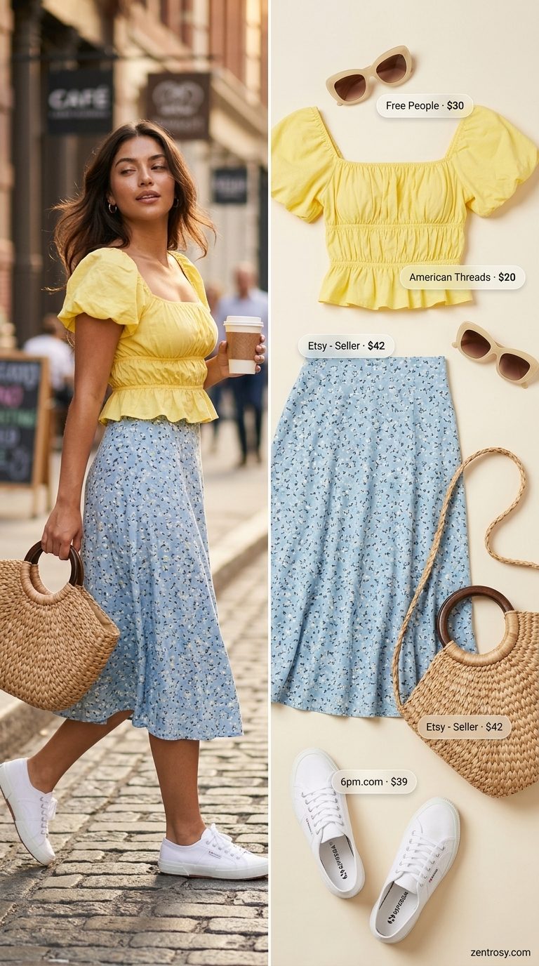 Retro light blue floral mini skirt outfit for women 2026, perfect for picnics and casual day outs.