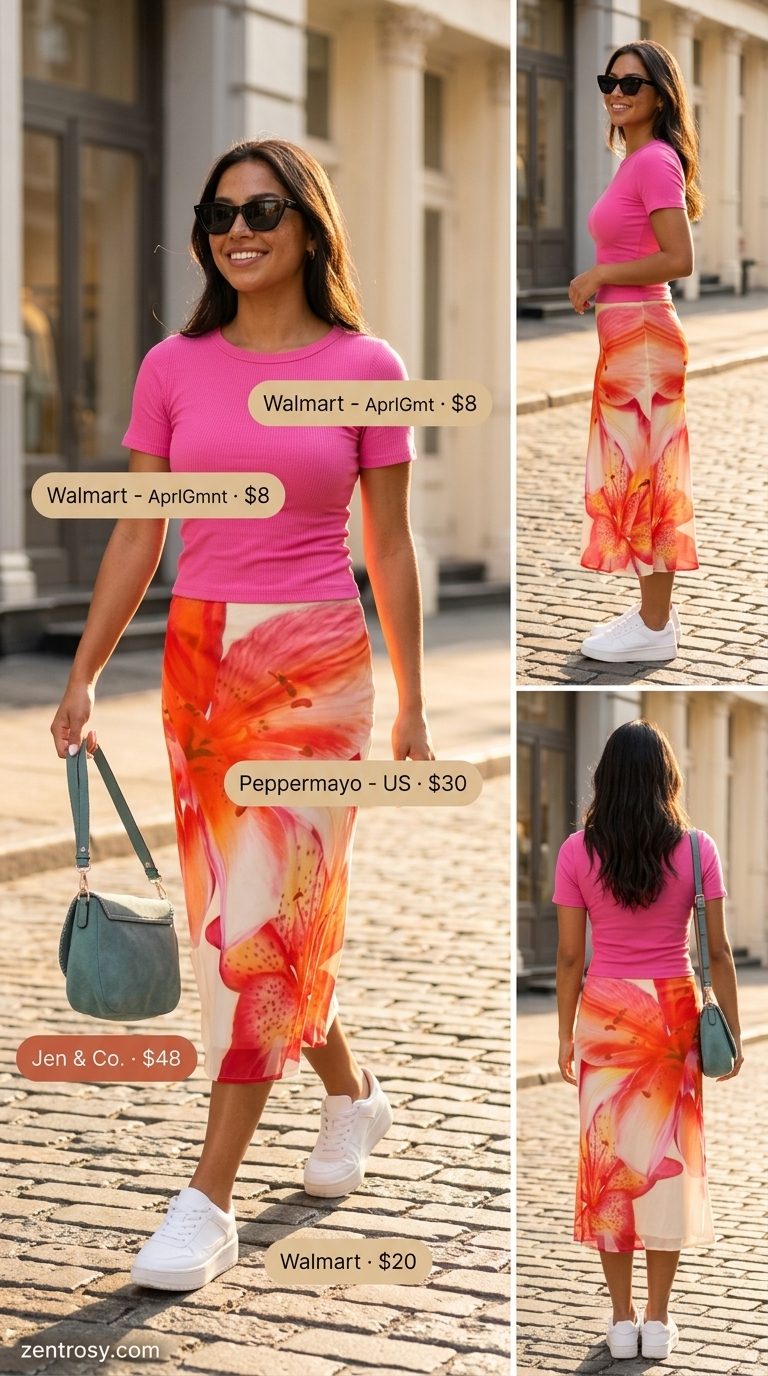 Vibrant yellow floral midi skirt outfit for women 2026, perfect for retro parties and city exploration.