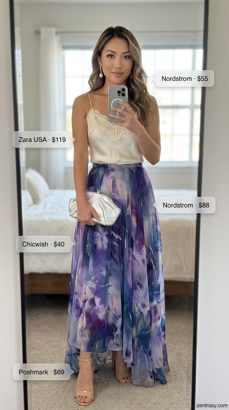 Romantic floral summer skirt outfits for women 2026: purple chiffon skirt, white camisole, and silver heels for weddings.
