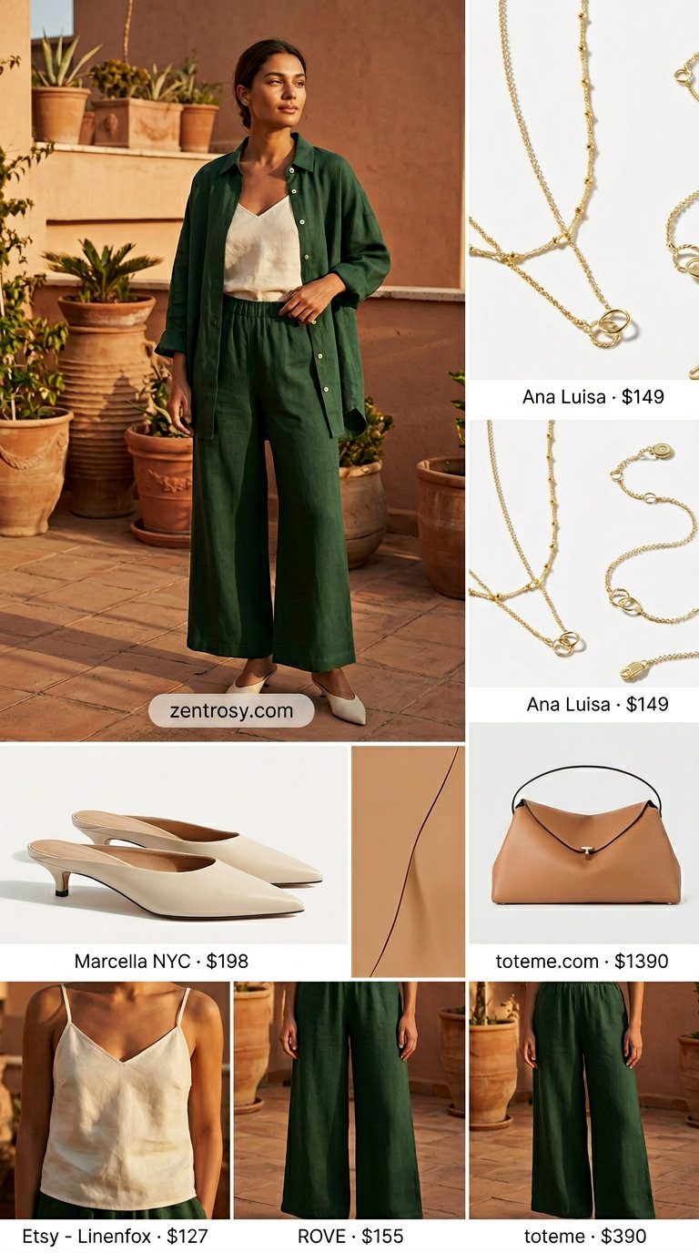 Monochrome Linen Co-ord 2026 Sophisticated forest green linen co-ord with wide leg pants for smart casual events in 2026.