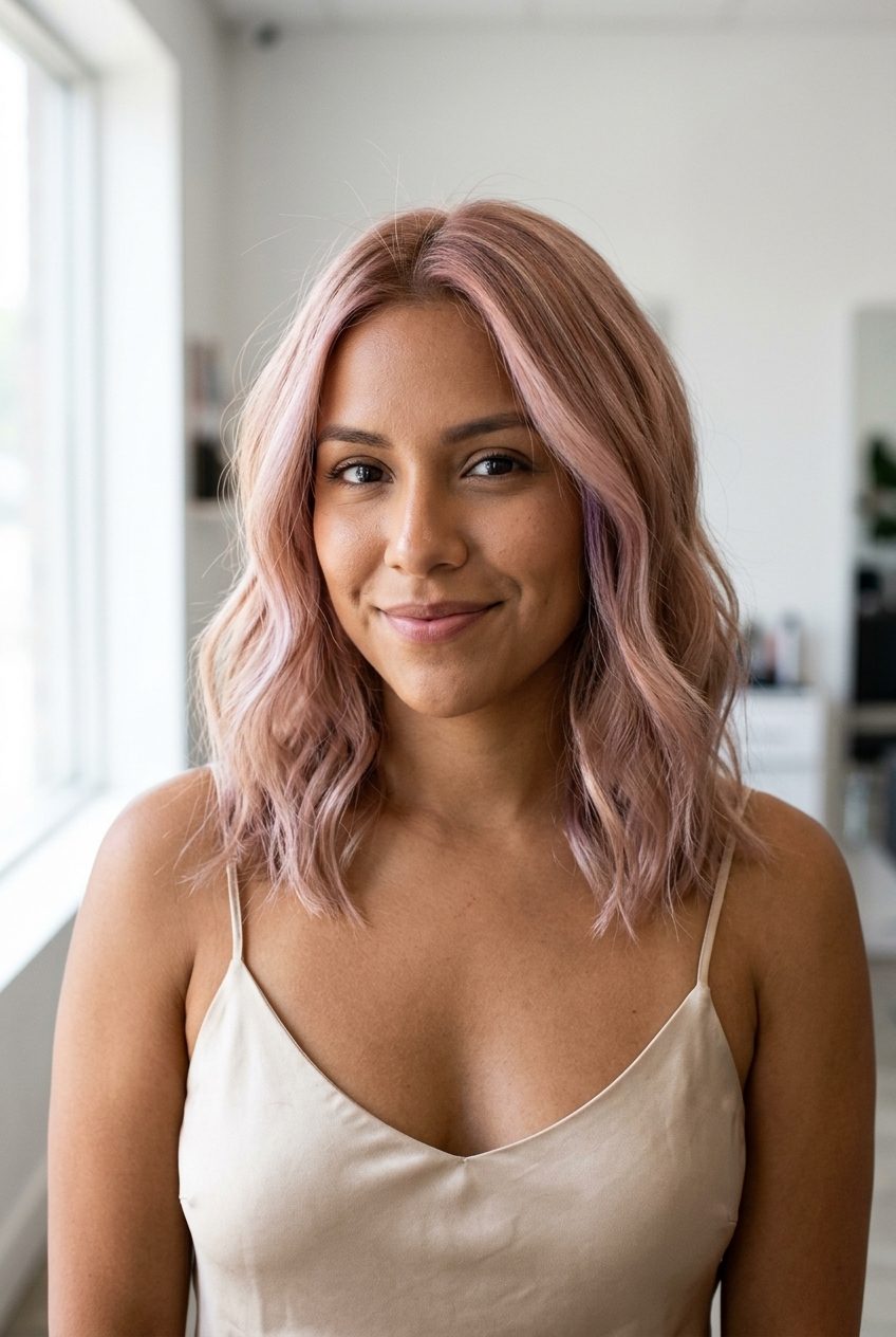 long frosted strawberry babylights with cool rose-gold and violet undertones, multi-tonal effect — playful summer vibes