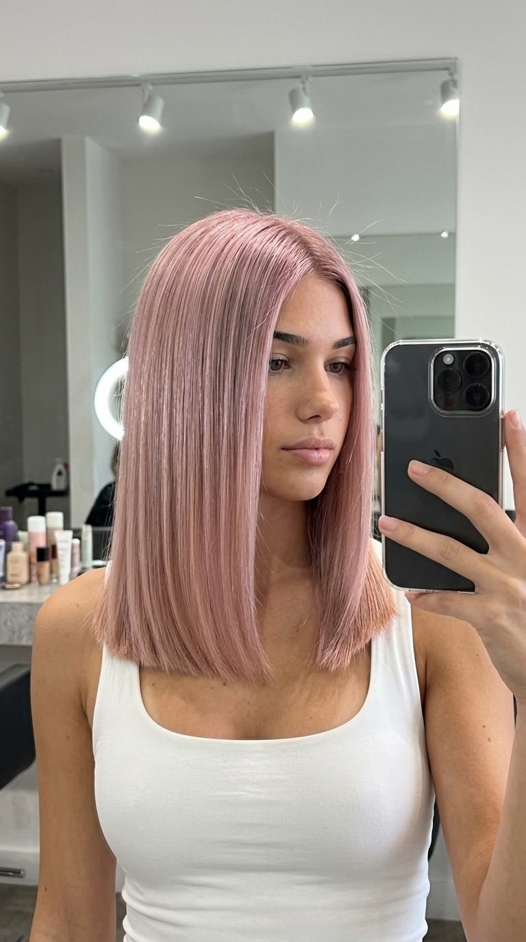 short frosted strawberry glaze with icy pink-gold and violet undertones, cool-toned effect — chic professional look