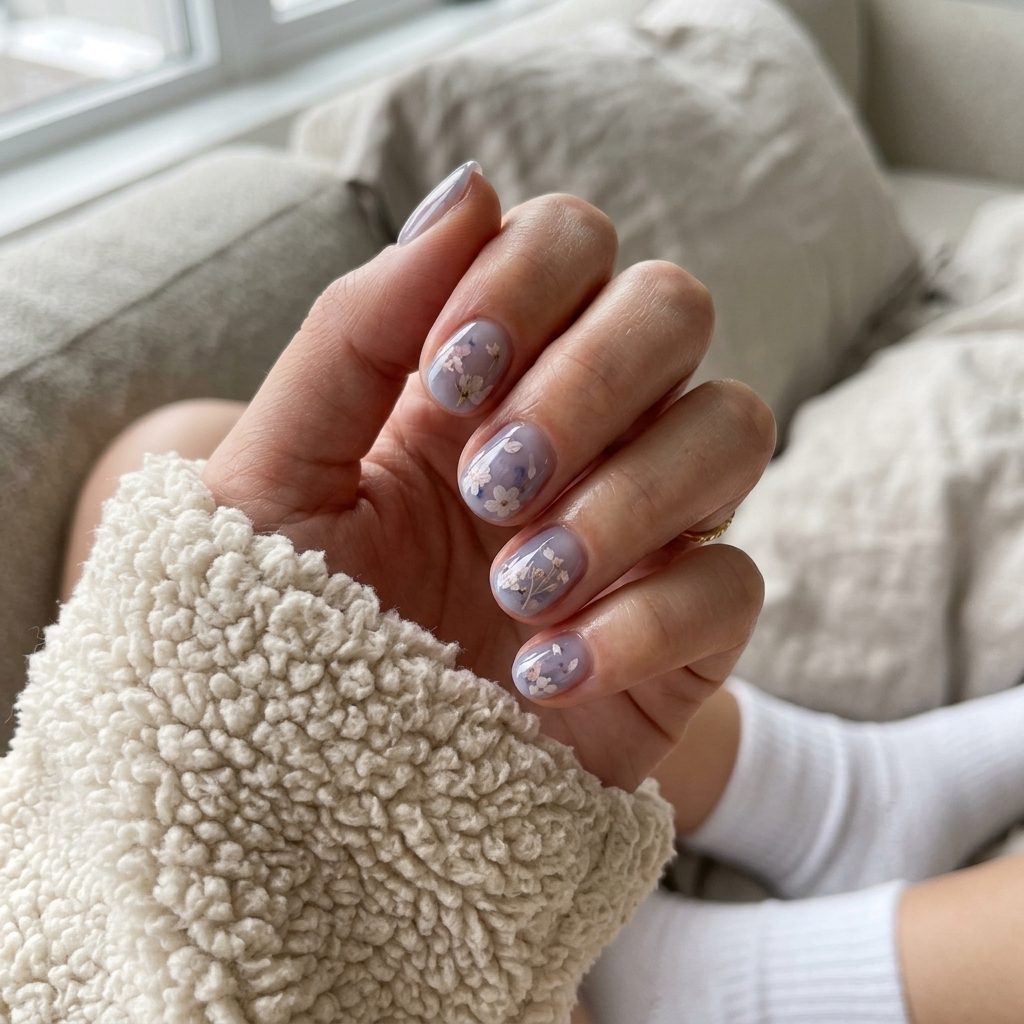 Fun summer nails 2026: Sheer blueberry milk with delicate floral decals for a romantic vibe.