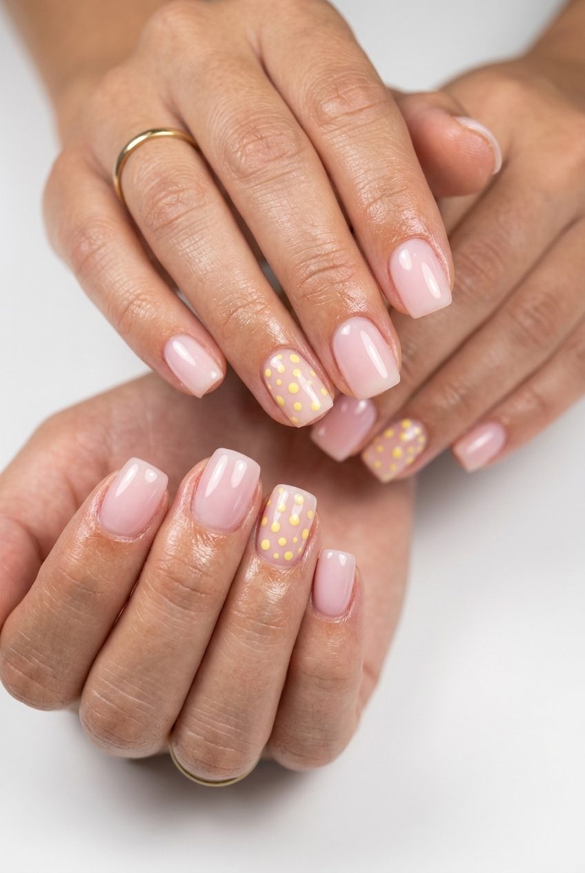 Fun summer nails 2026: Sheer milky pink with butter yellow dots for a whimsical, casual look.