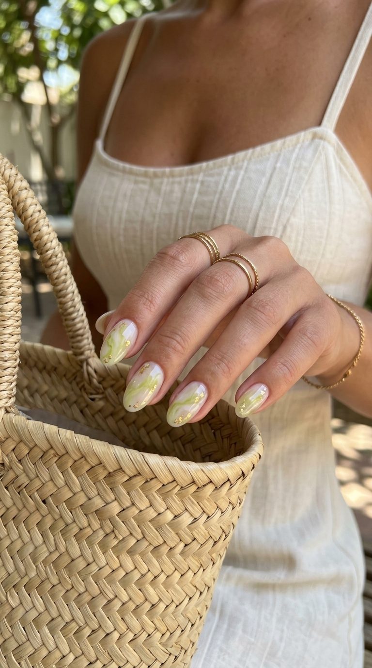 Fun summer nails 2026: Citrus Marble Swirls for vacation and casual weekends.
