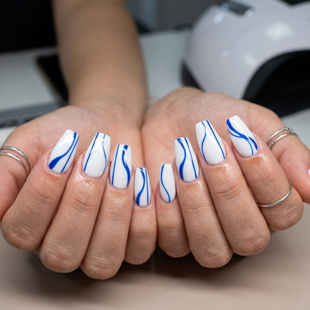 Cobalt Blue Abstract Lines nails for fun summer nails 2026. Edgy night out and art gallery style.