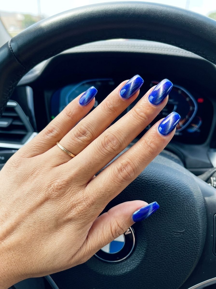 Cyber Cobalt Cat-Eye nails for fun summer nails 2026. Futuristic festival and night out style.