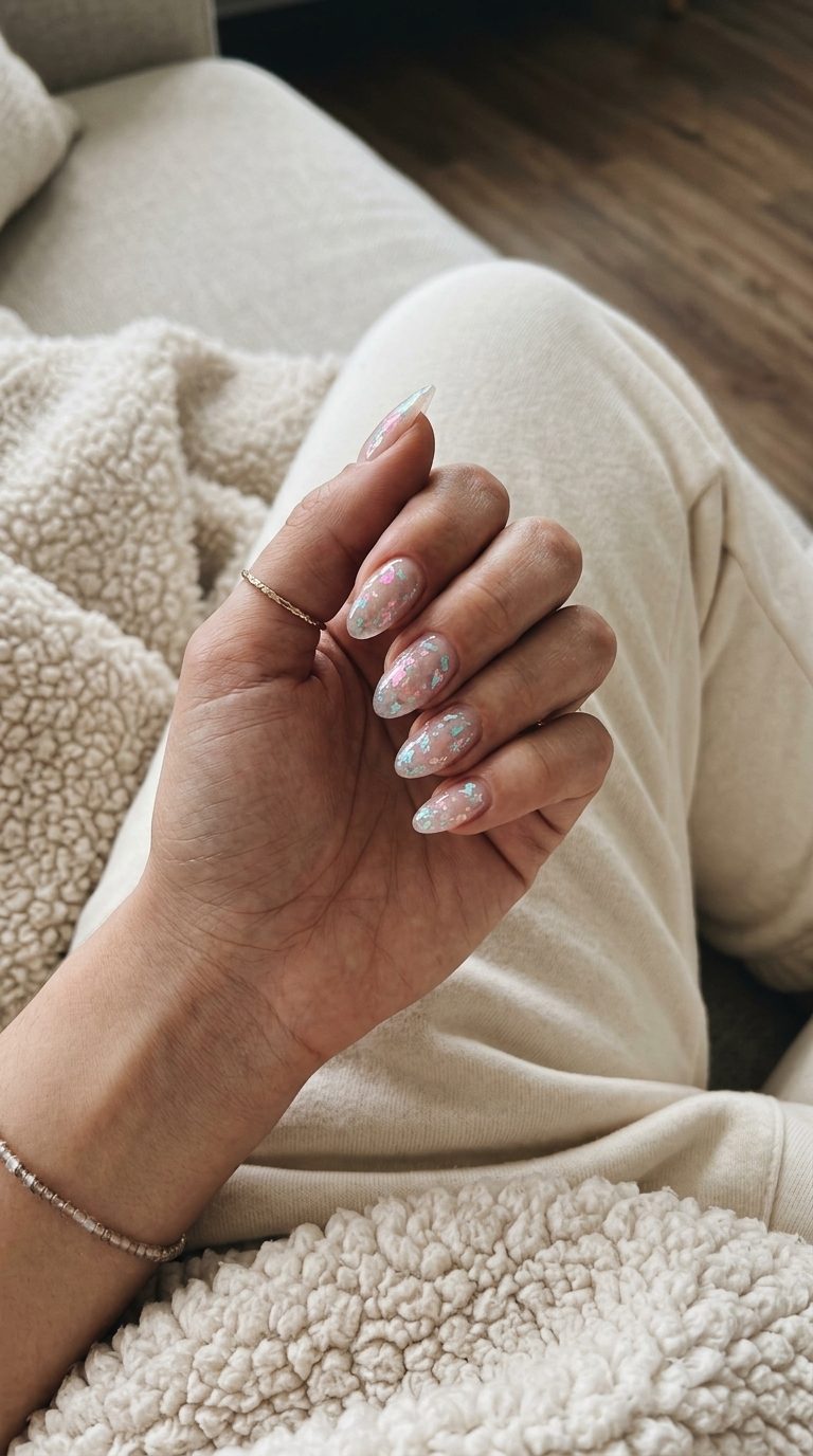 Fairy Wing Iridescence Foil nails for fun summer nails 2026. Magical date night and wedding guest style.