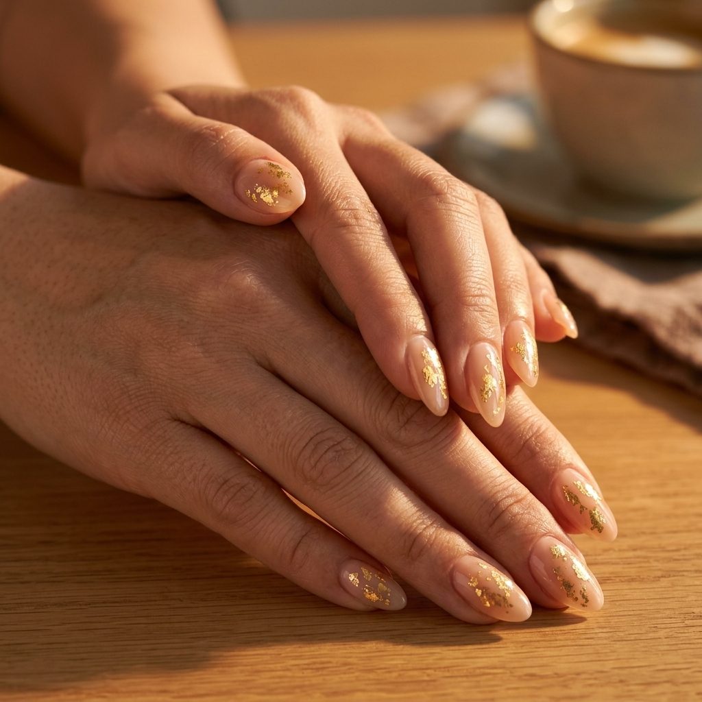 Fun summer nails 2026: Sheer warm nude with metallic gold foil accents for an elegant evening look.