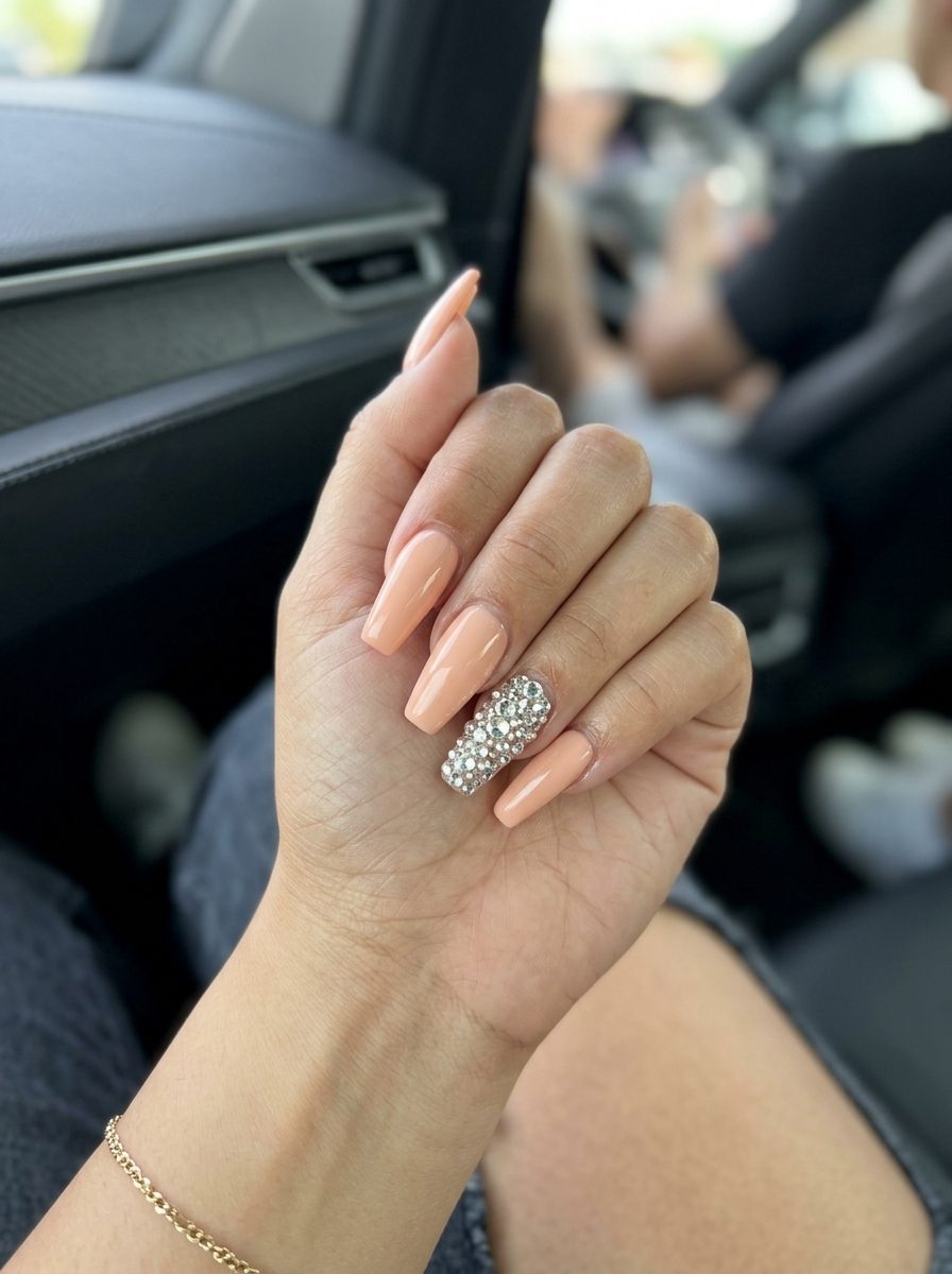 Fun summer nails 2026: Peach Sparkle Accent for parties and date nights.
