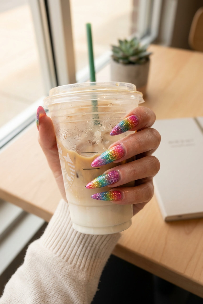 Rainbow Glitter Gradient nails for fun summer nails 2026. Glamorous festival and concert style.