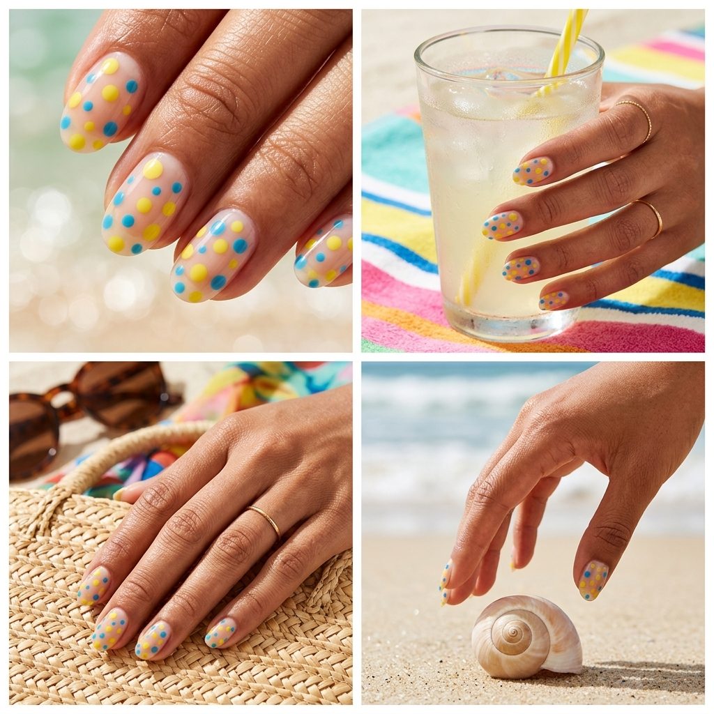 Summer Dotty Delight nails with clear base and yellow/blue dots for fun summer nails 2026. Playful festival look.