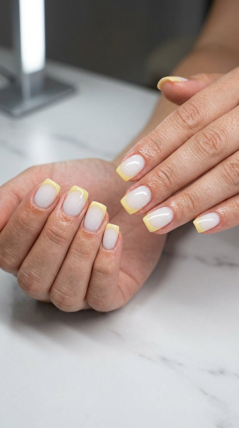 Sunny Butter Yellow French nails for fun summer nails 2026. Sophisticated and cheerful work look.