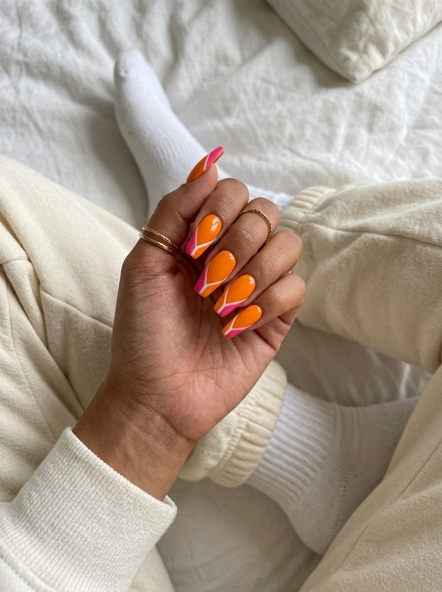 Fun summer nails 2026: Sunset Color Block Statement for festivals and parties.