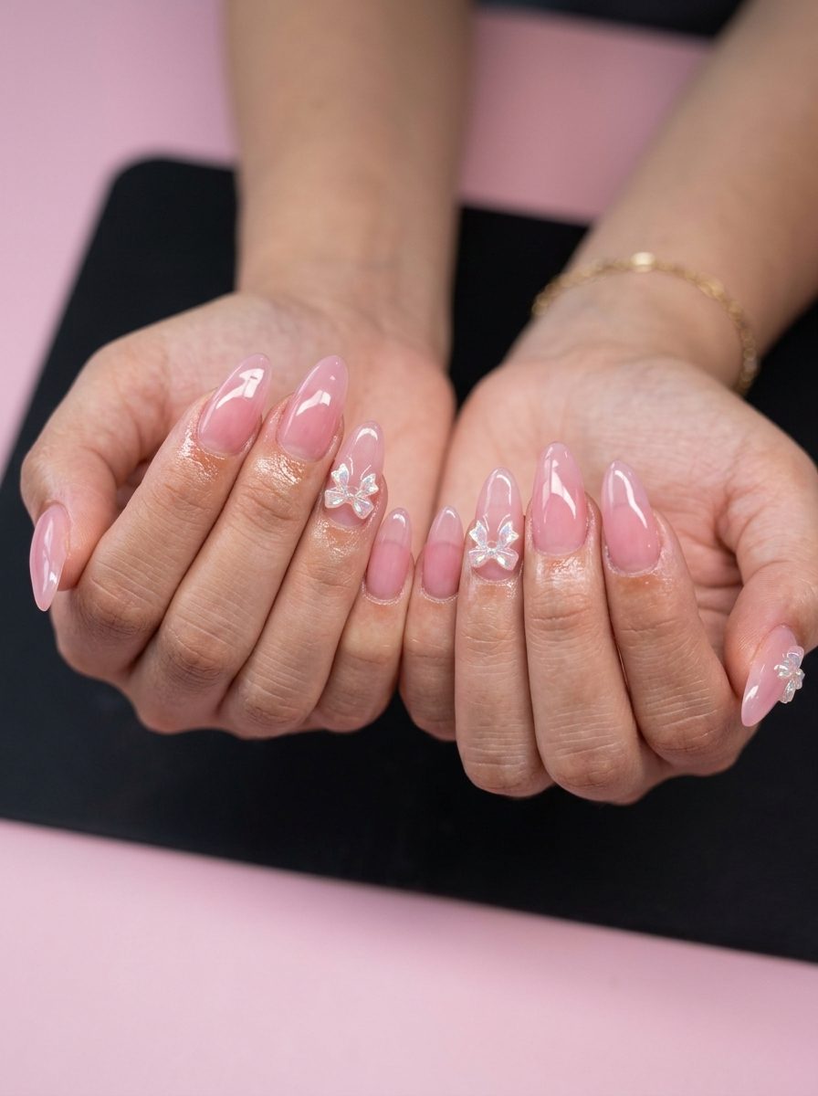 Sweet Pink Bow Accents nails for fun summer nails 2026. Feminine date night and brunch look.