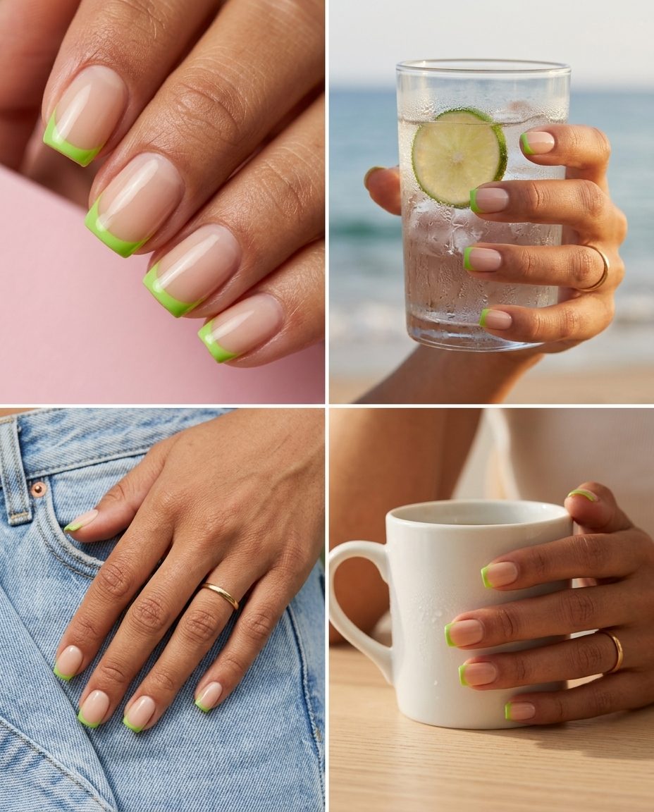 Fun summer nails 2026: Zesty Lime Micro French for daily wear and casual outings.