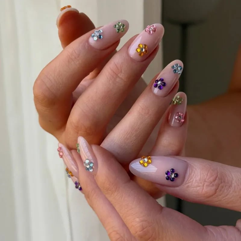 Milky Base with Colorful 3D Flower Accents — Gel Nail Art Ideas