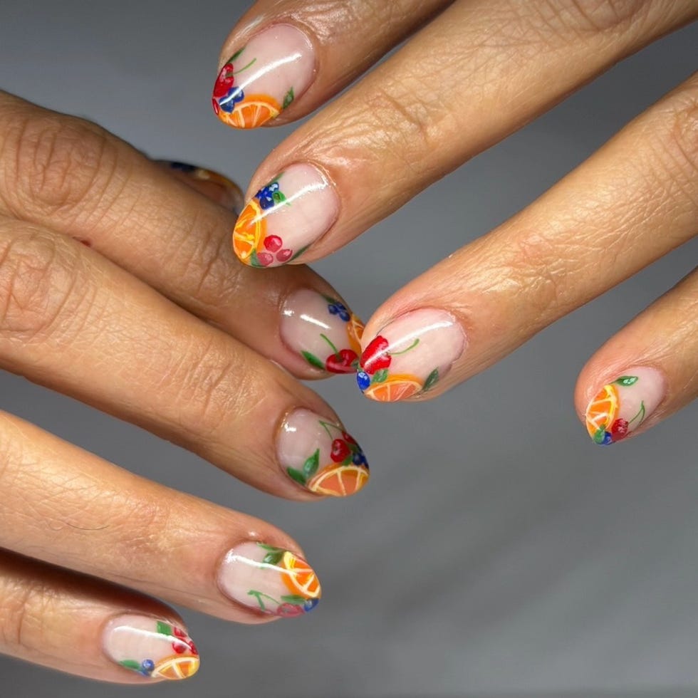 Short Oval Nails with Light Blue and Red Stripes — Gel Nail Art Ideas