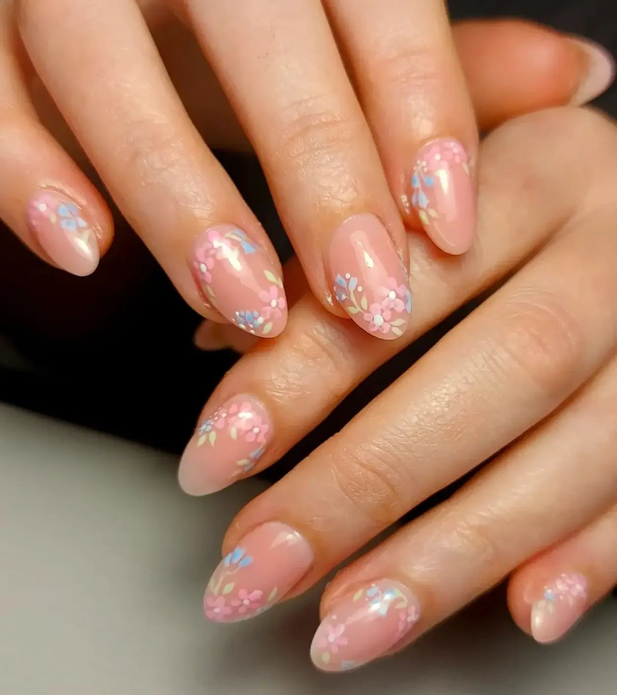 Sheer Pink with Delicate Floral Almond Nails — Gel Nail Art Ideas