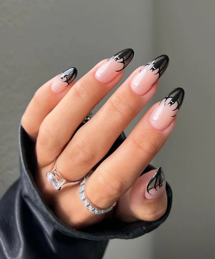 Long Almond French Tips with Bat Accents — Gel Nail Art Ideas
