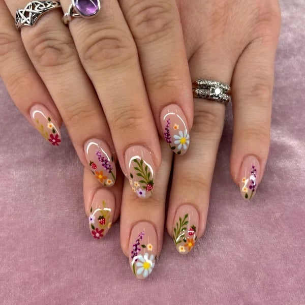 Almond Nails with Hand-Painted Florals and Ladybugs — Gel Nail Art Ideas