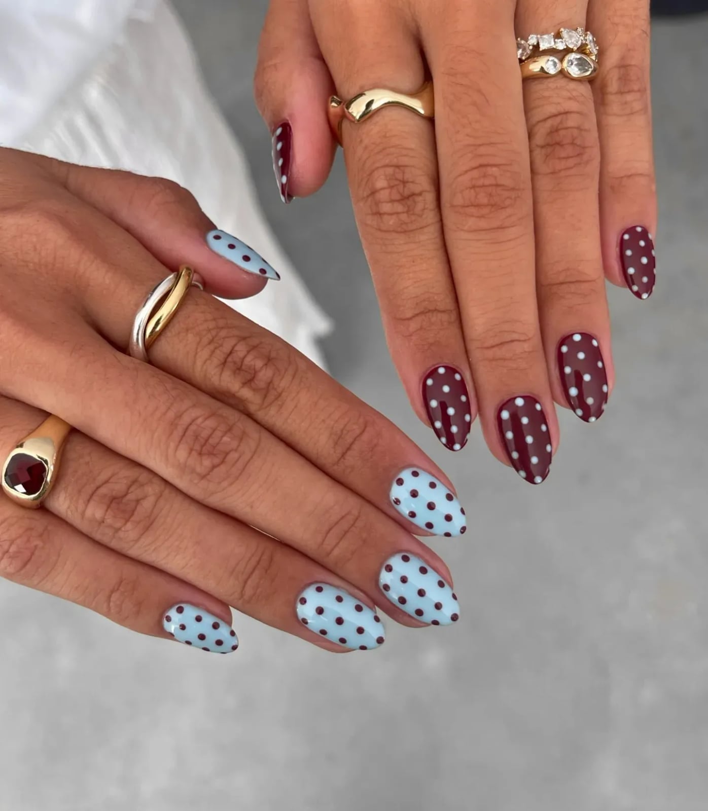 Burgundy and Light Blue Polka Dot Almond Nails — Gel Nail Art Ideas