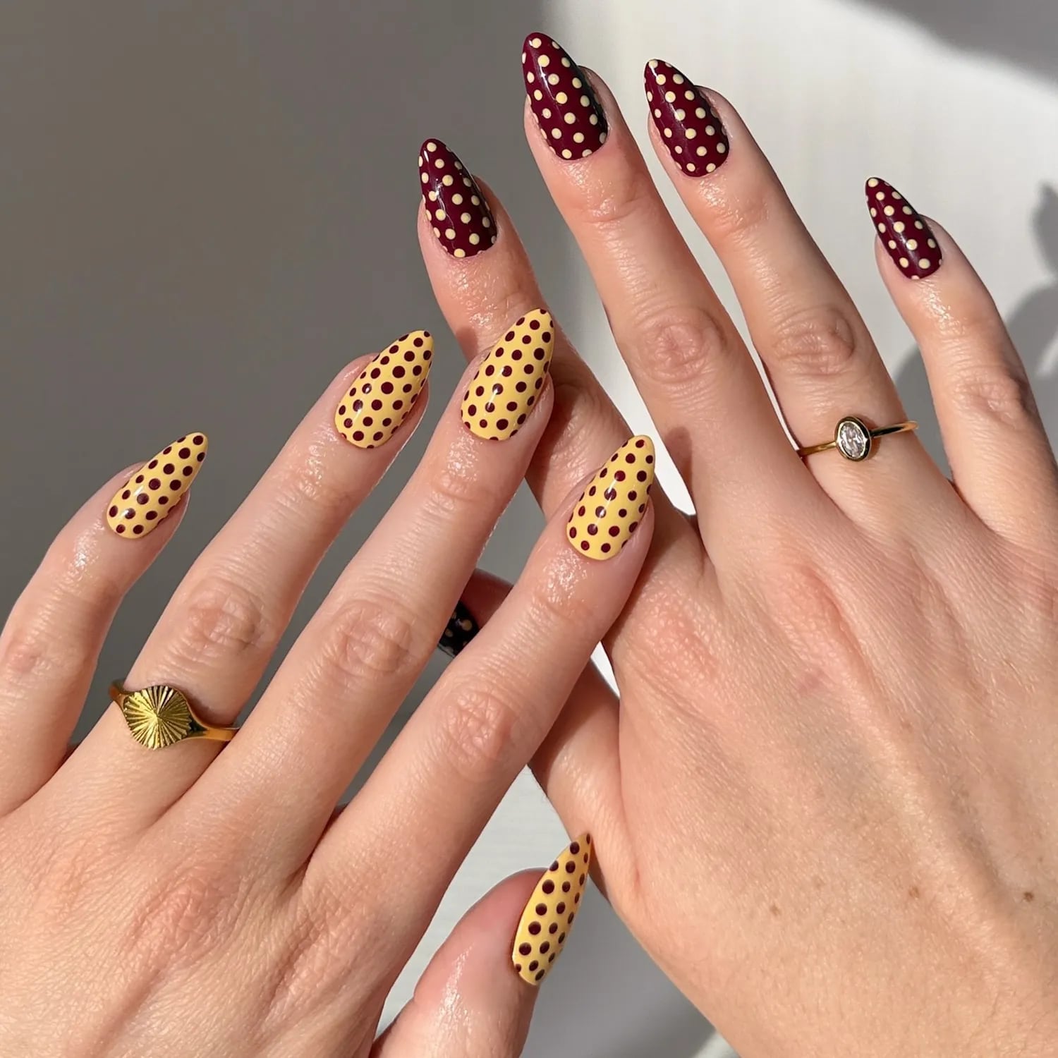 Burgundy and Yellow Polka Dot Almond Nails — Gel Nail Art Ideas