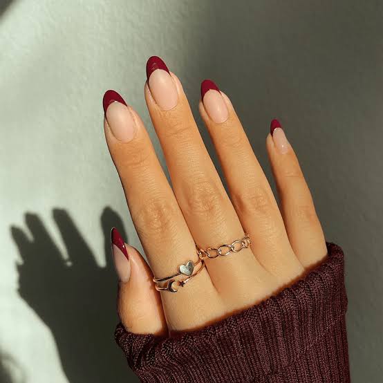 Nude Base with Angled Burgundy French Tip — Gel Nail Art Ideas
