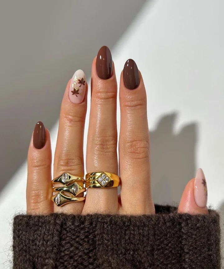 Chocolate Brown with Gold Leaf Oval Nails — Gel Nail Art Ideas