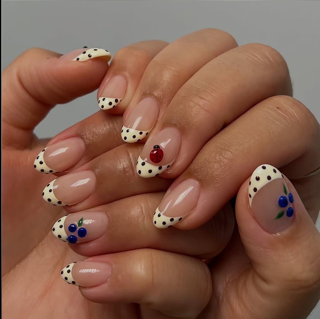 Ladybug and Blueberry French Tip Almond Nails — Gel Nail Art Ideas