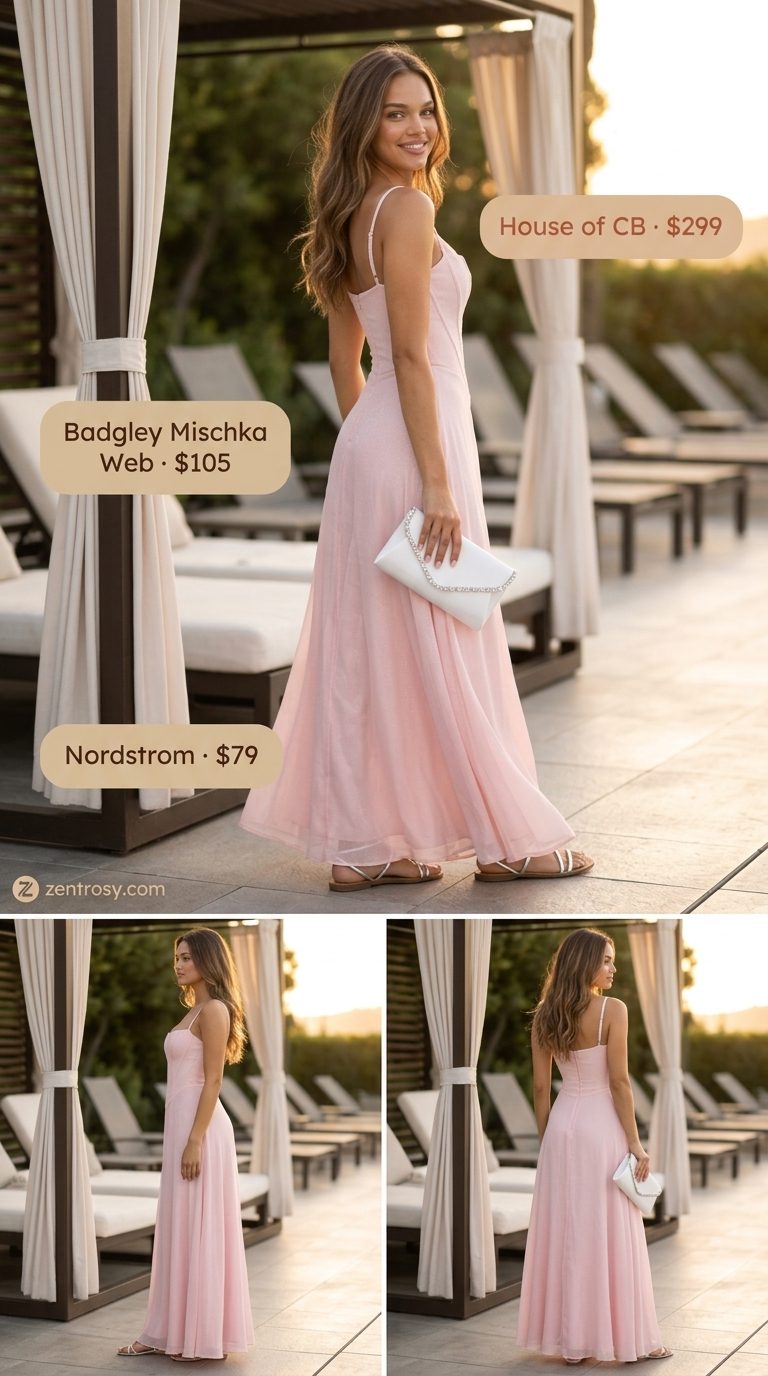 Ethereal blush pink chiffon maxi dress for a glam summer pool party outfit 2026. Style with silver sandals and clutch.