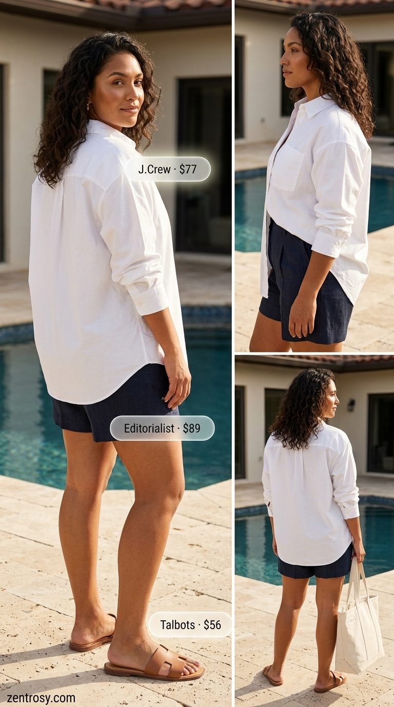 Classic white oversized button-down shirt with navy shorts for a glam summer pool party outfit 2026.