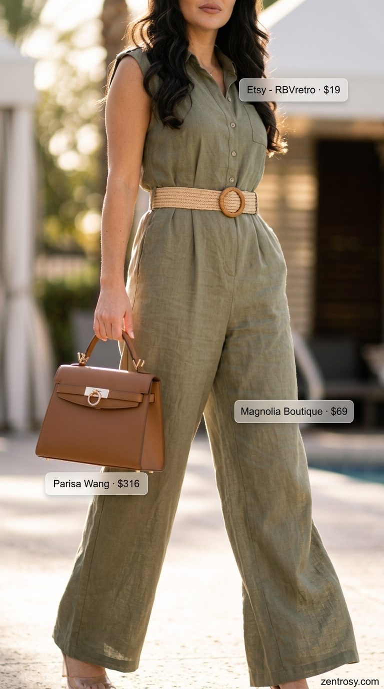 Sophisticated olive green wide-leg jumpsuit for a glam summer pool party outfit 2026. Style with white slides and sunglasses.