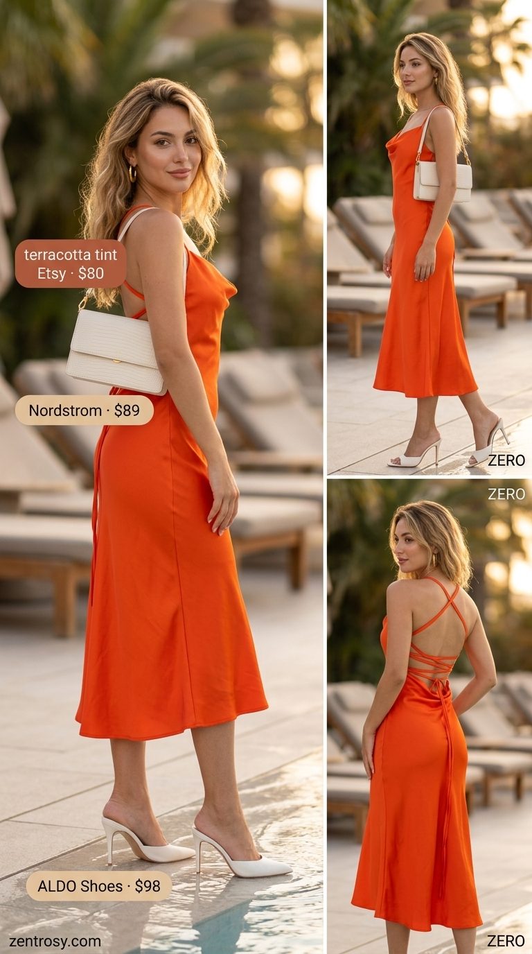 Vibrant sunset orange slip dress for a glam summer pool party outfit 2026. Accessorize with gold hoops and white bag.