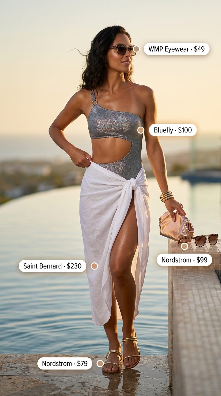 Glamorous iridescent silver one-piece swimsuit with a white sarong for a summer pool party outfit 2026.