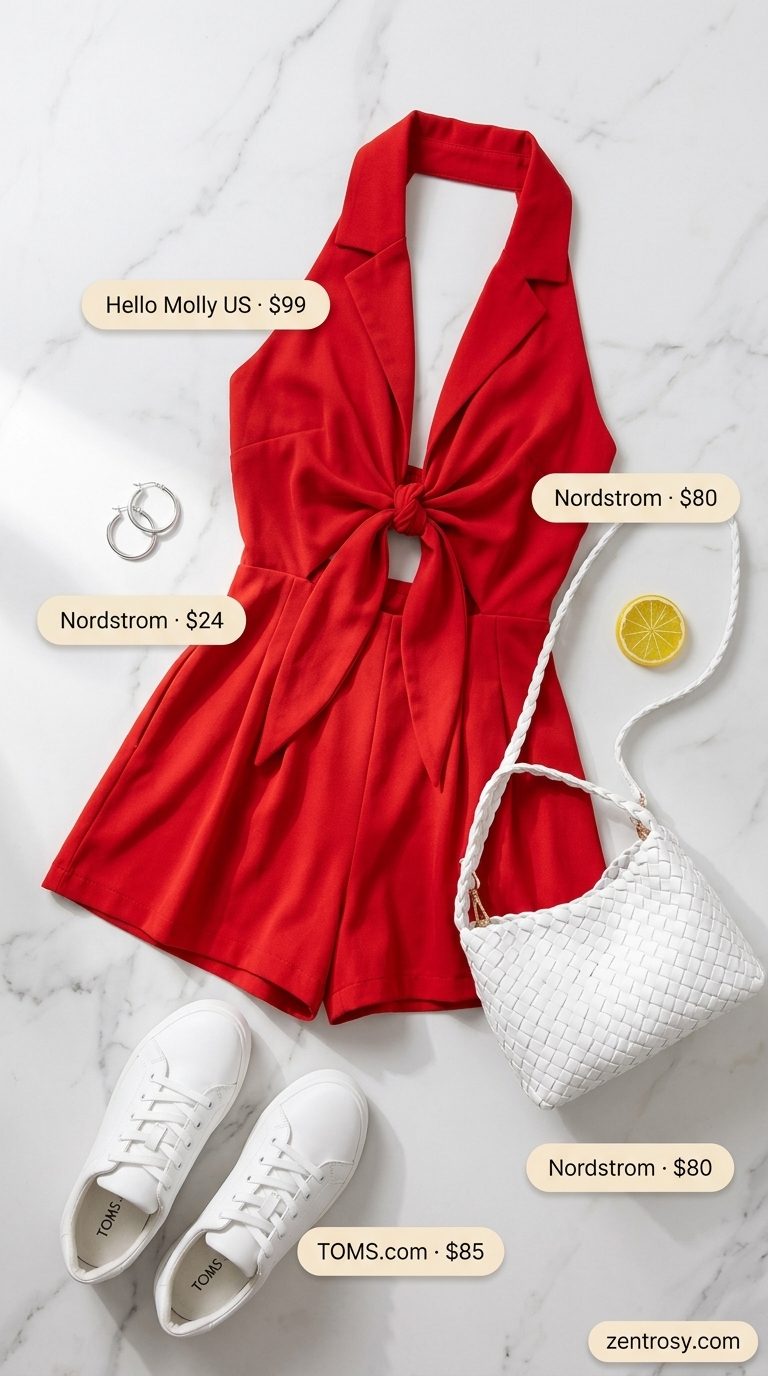 Glam summer pool party outfit 2026: Red sporty romper, white sneakers, crossbody bag, hoop earrings.