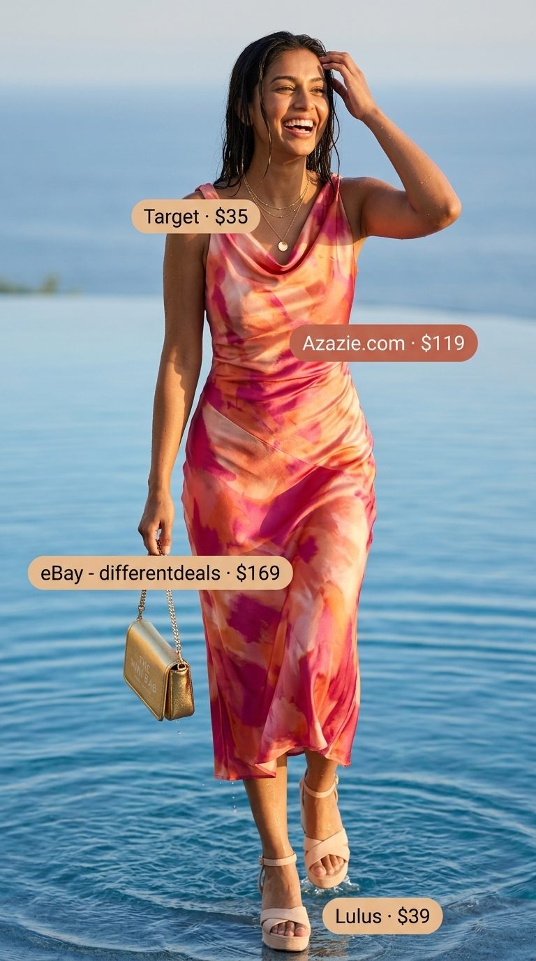 Elegant sunset orange slip dress for a glam summer pool party outfit 2026. Pair with gold accessories and strappy heels.