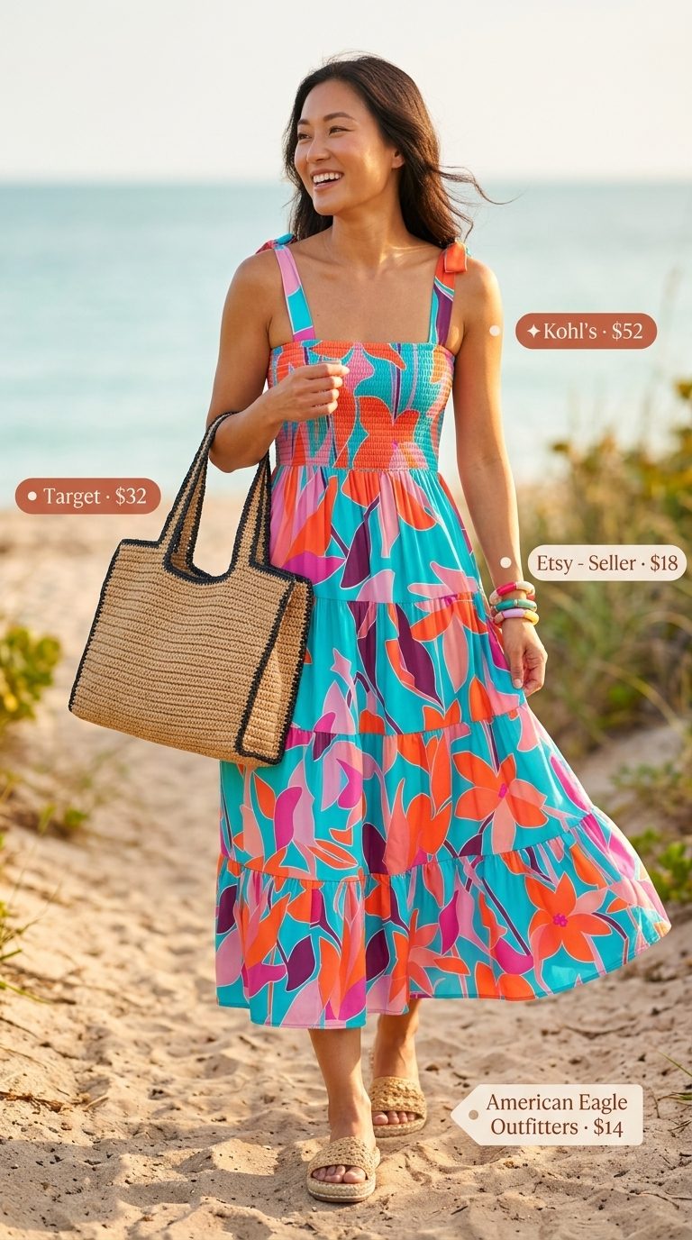 Glamorous coral and teal floral maxi dress for a summer pool party outfit 2026. Accessorize with straw hat and espadrilles.