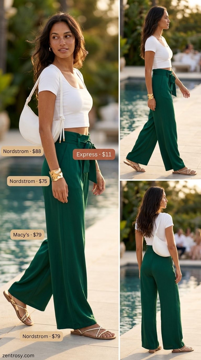 Glam summer pool party outfit 2026: Emerald green pants, white crop top, gold accessories.