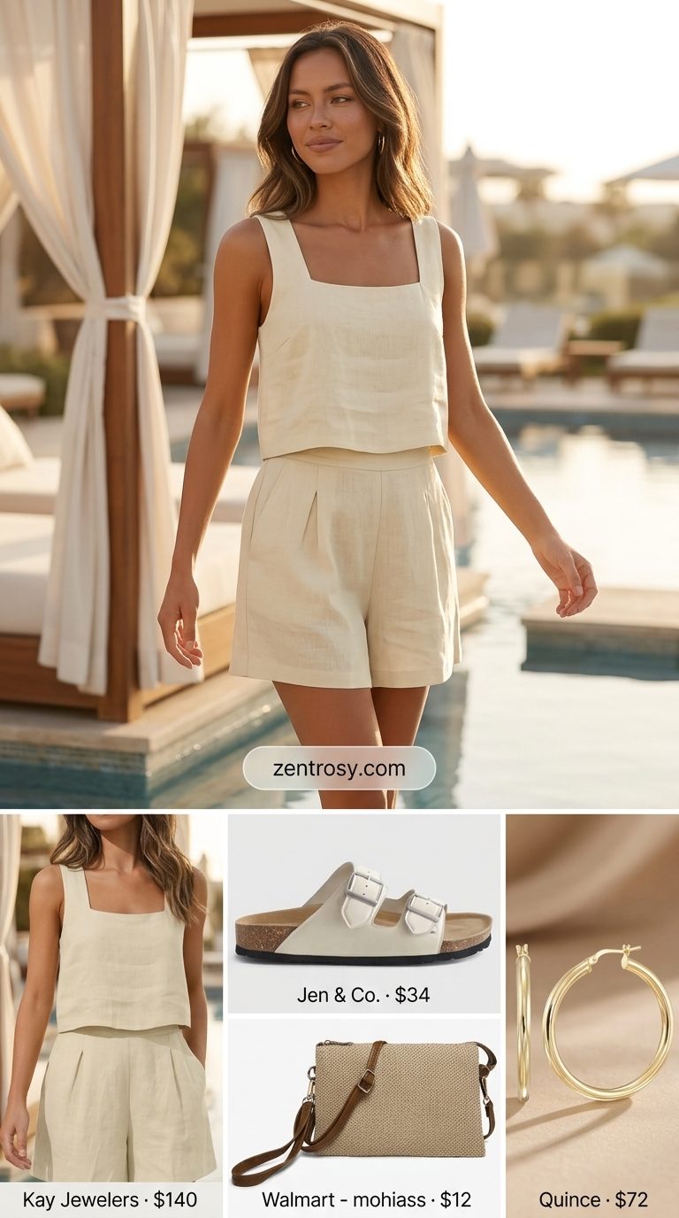 Beige linen matching set for women, a chic option for glam summer pool party outfits 2026. Effortless & relaxed.