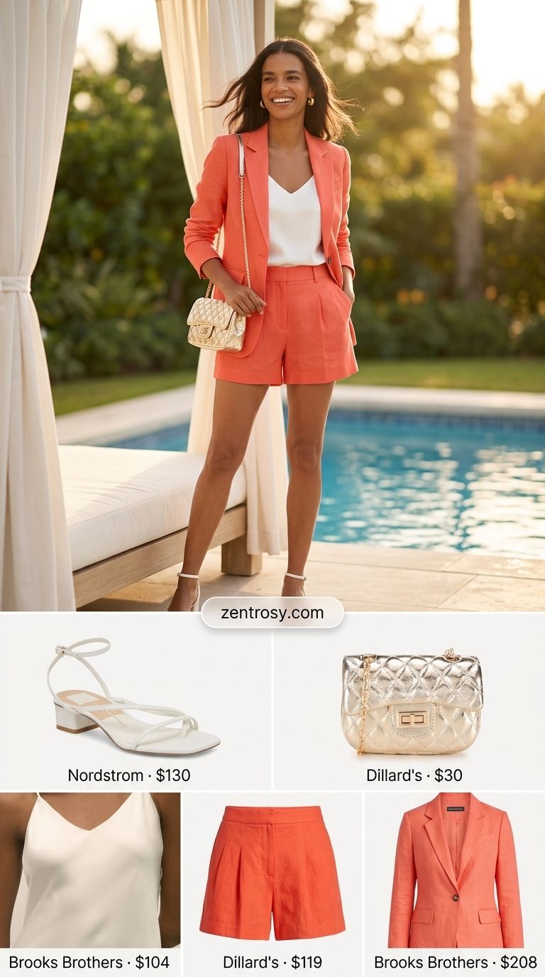 Coral linen blazer and shorts set for women, a polished option for glam summer pool party outfits 2026. Chic & playful.
