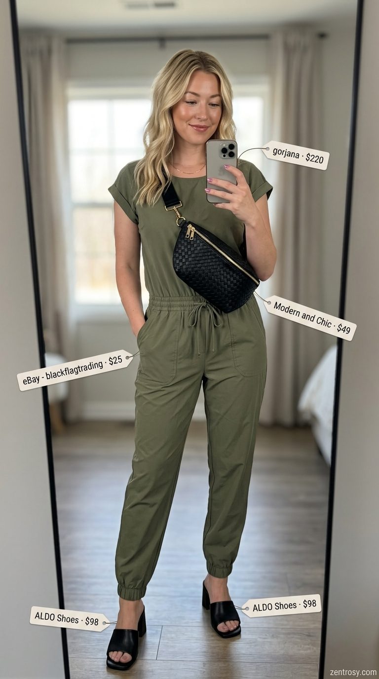 Olive green utility jumpsuit for women, ideal for glam summer pool party outfits 2026. Modern & effortless style.