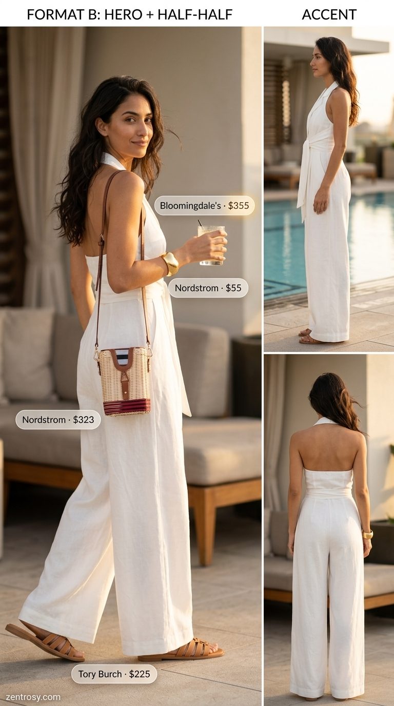 White linen wide-leg jumpsuit for women, a chic option for glam summer pool party outfits 2026. Relaxed & effortless.
