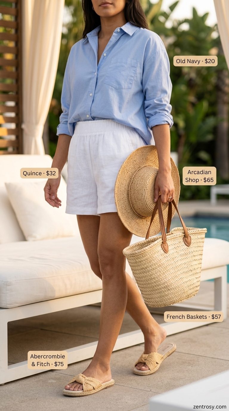 White linen shorts and sky blue shirt for women, ideal for glam summer pool party outfits 2026. Relaxed & effortless.