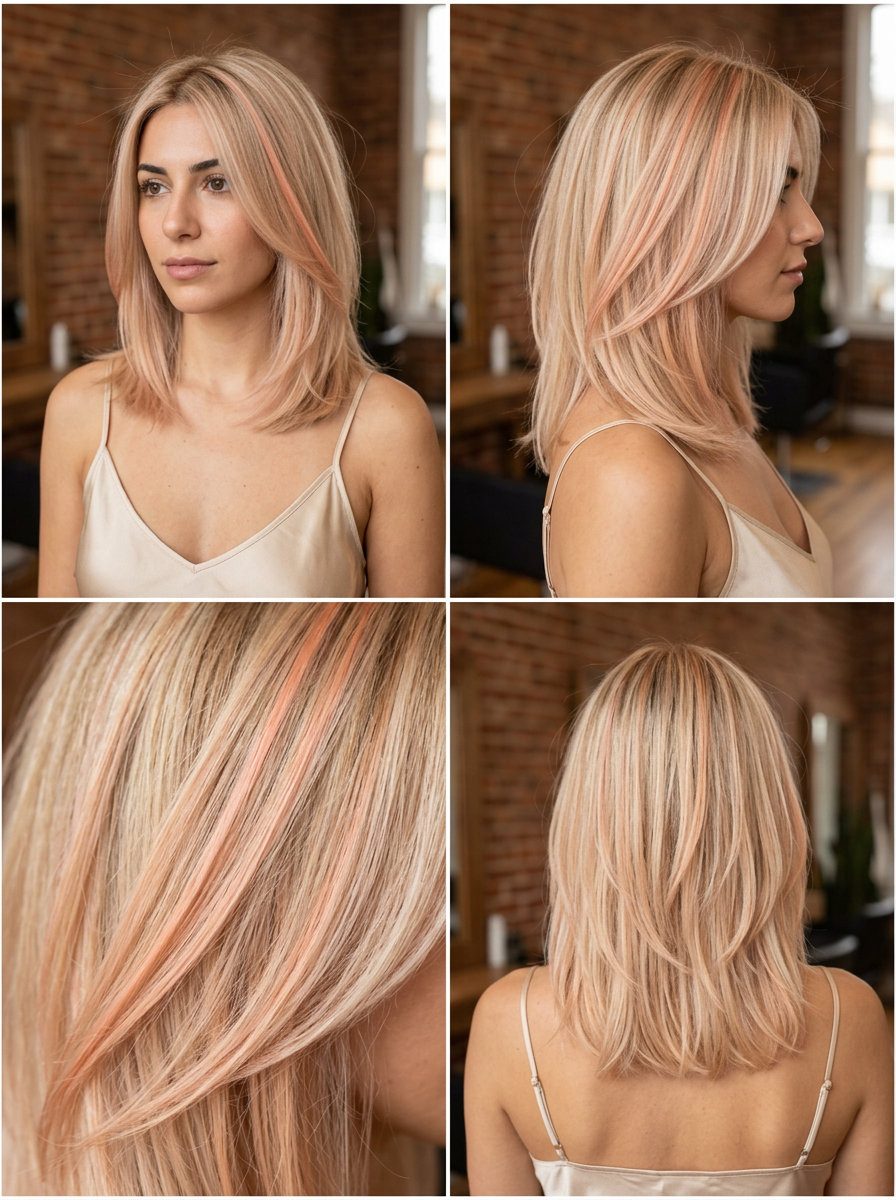 Glazed Peach Streaks Hair 2026 medium glazed peach streaks with champagne blonde base, translucent gloss, for summer hair color ideas 2026
