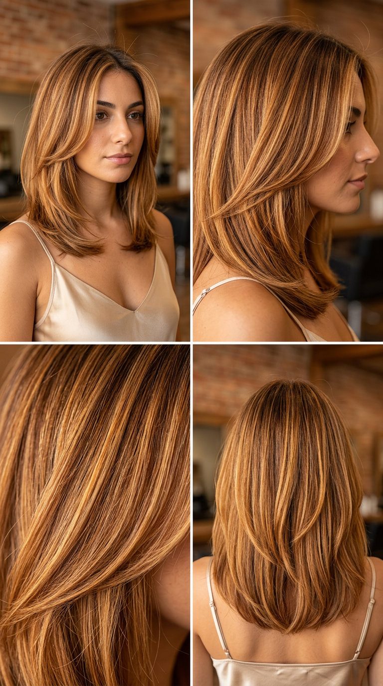 long layered golden amber-copper balayage with honey undertones, soft root smudge technique — ethereal beach vacation style