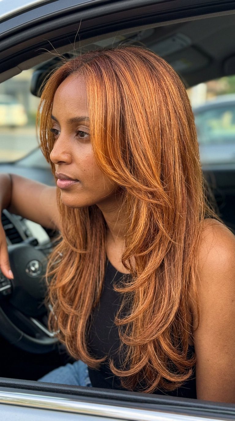 long cascade golden auburn with copper highlights, natural auburn root, soft layers for romantic look